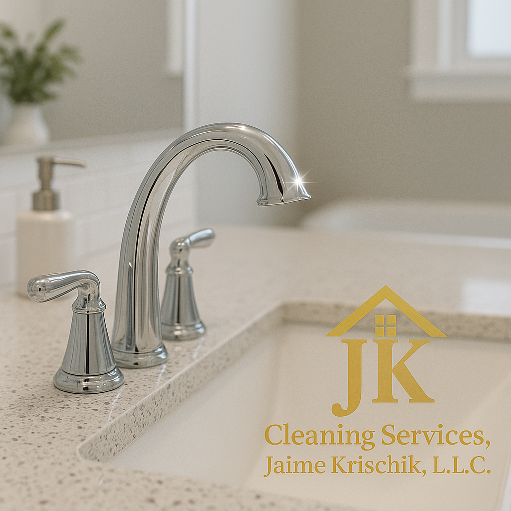 Chrome faucet and quartz counter gleaming