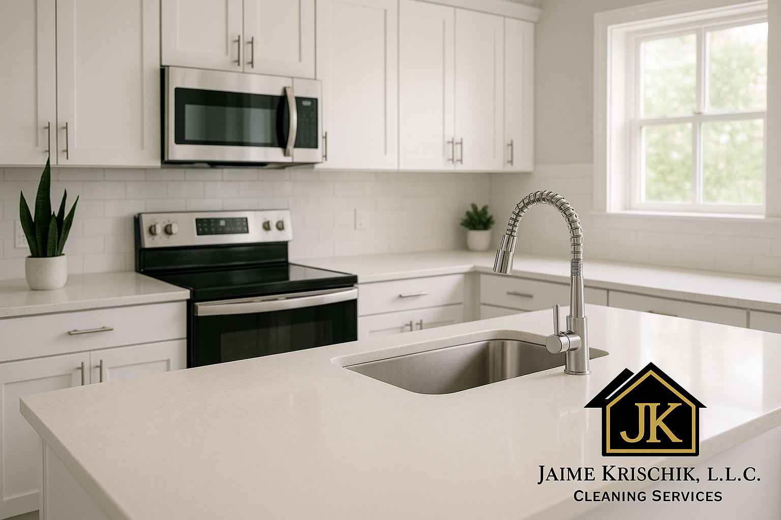 Spotless modern kitchen with gleaming island and sink